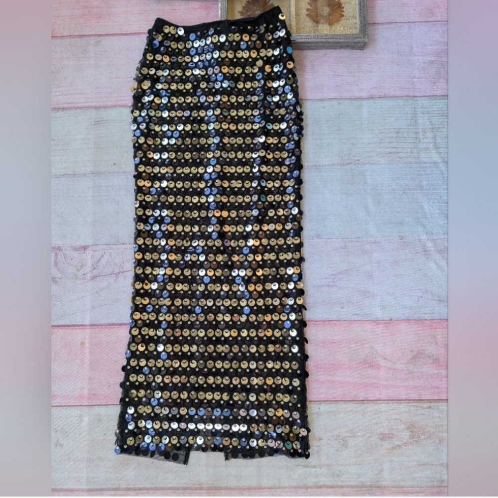 NWT Lovers + Friends Black/Silver Sequin 2 Pc Skirt Set Bandeau Top Maxi Skirt M - Picture 6 of 11